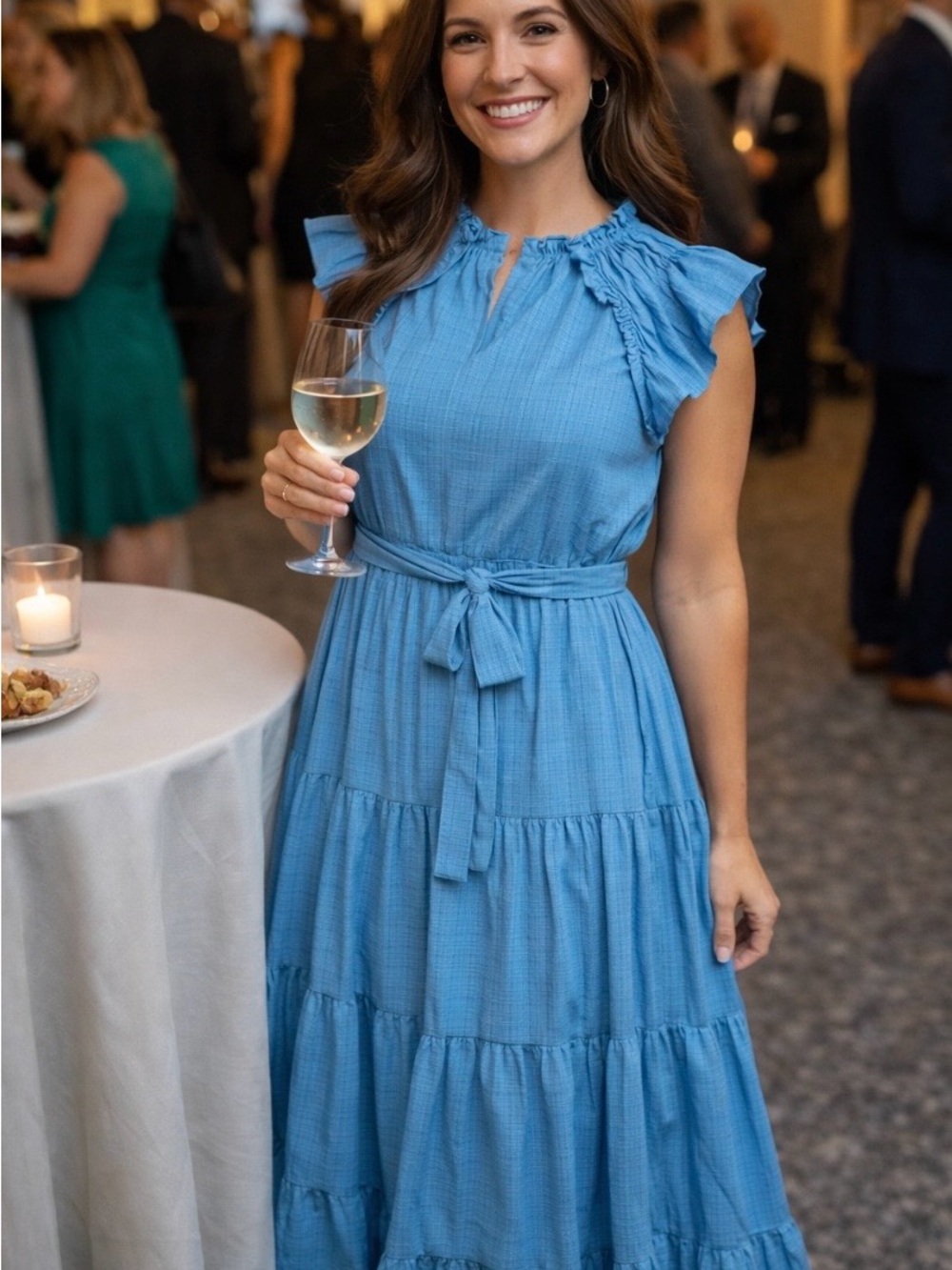 New! Jade Melody Tam Ruffle Tier Maxi Blue Dress Medium ($210) Tie Waist Elegant